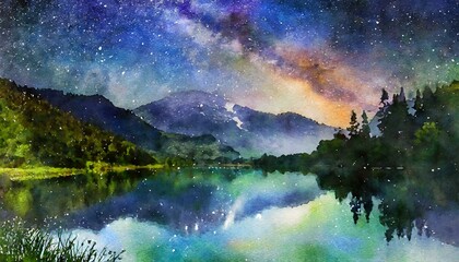 Tranquil Lake Reflection: Serene Watercolor Background. Generative AI