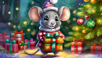 adorable little mouse in holiday costume holding a wrapped present in front of a Christmas tree. Generative AI
