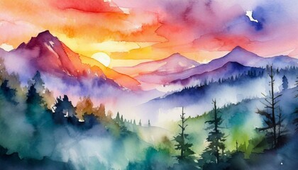 Misty Morning Forest: Tranquil Watercolor Background. Generative AI