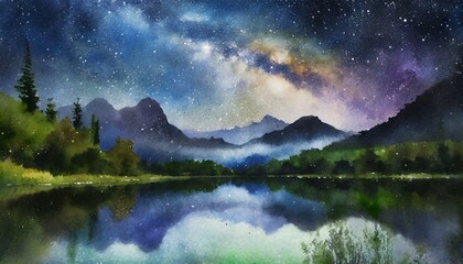 Tranquil Lake Reflection: Serene Watercolor Background. Generative AI