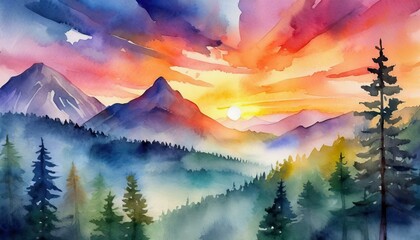 Misty Morning Forest: Tranquil Watercolor Background. Generative AI