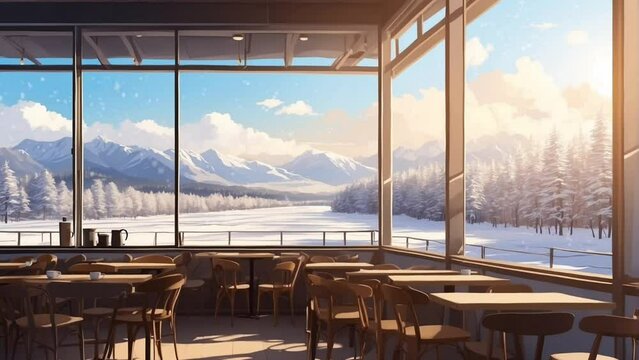 Cafe vibes in winter with a view of nature during snowfall. Anime illustration style. seamless looping time-lapse 4k animation background