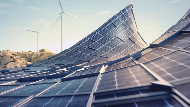 Wind turbines farm and solar panels. 3d rendering of abstract curve structure with windmill.