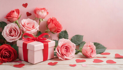 Romantic Valentine's Day scene with pink roses, gift boxes, and paper hearts on a pink background.