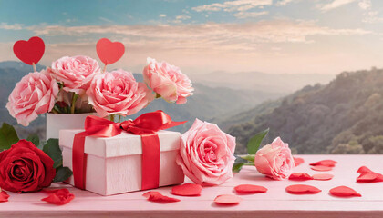 Romantic pink roses, gift boxes, and paper hearts on a pink background for Valentine's Day.
