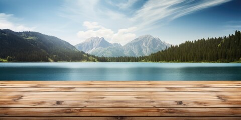 Wooden table top surface with mountain lake water and cloud sky background panorama.