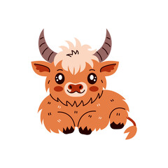 Highland cow lying down and resting. Cute livestock horned bull. Vector illustration for kids, farming, zoo. Cute shaggy calf modern art on white background.