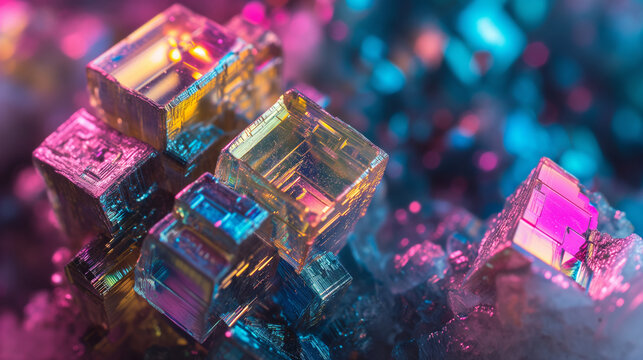 Macro crystal bismuth gemstone rock formation, colorful lighting, background image, room for copy space