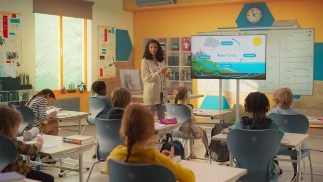Primary School Children Learning Basic Information About Water Cycles: Geography Teacher Educating Smart Diverse Kids in a Modern Colorful Classroom. Schoolchildren Understanding Weather Factors