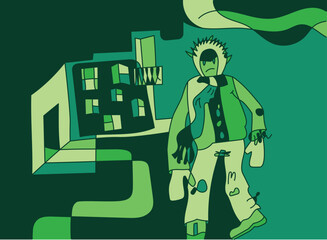 Vector illustration of a man in the city on a blue background. Human walking in the night city. Nightlife idea. Vector line drawing of cityscape with a character in Winter Jacket and winter shoes.