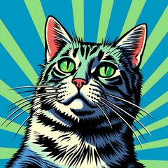 Obraz premium Katze mit intensivem Blick im Strahlenkranz des Pop-Art-Stils
