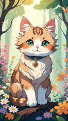 Cute anime cat is in a forest full of flowers. Cute, beautiful and adorable cat wallpapers