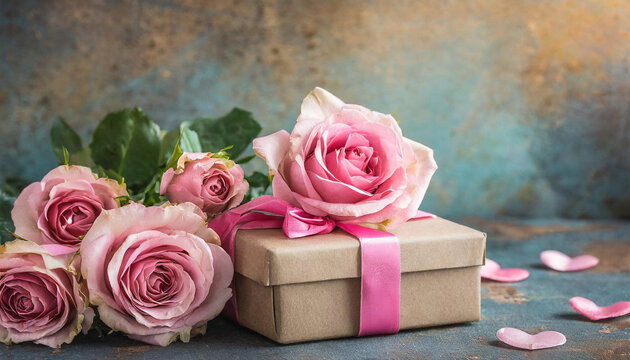 Celebrate love with this charming image of pink roses and a gift box on a wooden table. The hearts background adds a touch of romance. Perfect for Mother's Day or Valentine's!