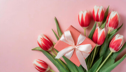 Show your love and affection with this charming top view photo featuring a giftbox, ribbon bouquet of tulips, and a heart against a pink backdrop.