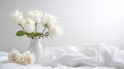 Fototapeta premium White roses in a vase on a draped white cloth background.