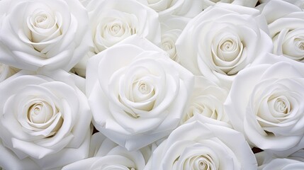 Close-up of pristine white roses, full bloom and pure.