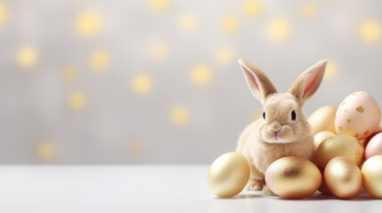 Fototapeta na wymiar Easter bunny rabbit with colorful eggs, holiday concept