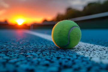 A tennis ball lies on a blue hard court against the backdrop of a colorful sunset.