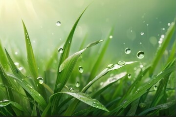 Close up of green grass with raindrops sunshine over them. Spring grass and leaves blooming garden.  
