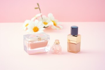 neutral makeup container set on a pastel pink surface