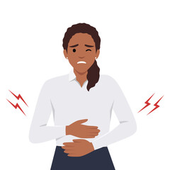 Diarrhea or constipation, problems with health concept. Young sad Woman standing feeling pain in stomach touching it with hands having Abdomen disease and illness. Flat vector illustration isolated