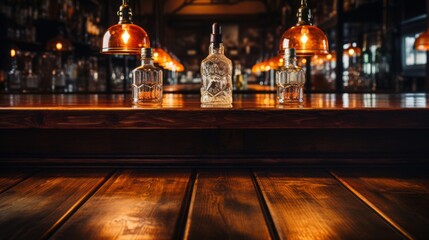 Obraz premium Bar view from front with a bar made of wood, completely clean bar,