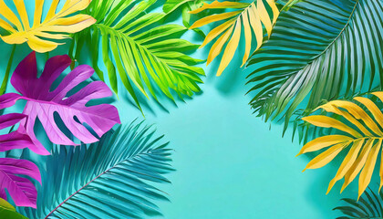 Fototapeta na wymiar Step into a tropical paradise with this vivid border of tropical leaves on a soothing blue background. A minimalistic nature concept that invites you to add your own text and ideas