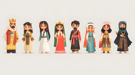 Turkey, Egypt, Israel. Men and women in national dress. Set of asian people wearing ethnic traditional costume. Isolated cartoon characters. Southeast Asia. Vector flat illustration., Generative Ai