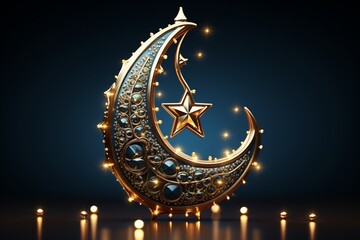 Crescent Moon and Sparkling Stars Eid Night, on an isolated Starry Sky Blue background, Generative AI