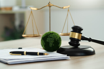 Law international environmental concept.world and wooden gavel with a golden scale.Law for...