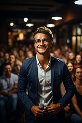 Fototapeta premium Startup's young CEO giving an inspiring TED Talk-style presentation at a company event, Generative AI
