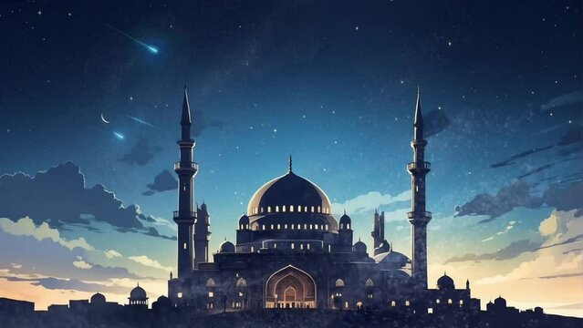 Ramadan background animation concept, silhouette of hagia sophia mosque with night sky background and shining stars. seamless looping time-lapse 4k animation background video