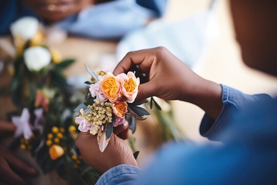 closeup of florists hands crafting a flower crown