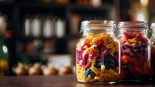 Closeup of a mason jar filled with colorful dried pasta for use in place of plastic packaging.