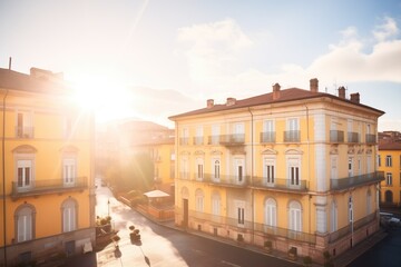 italianate buildings belvedere backlit by the golden hours sun rays - obrazy, fototapety, plakaty