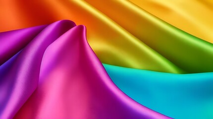 A grandiose silk fabric, elegantly draped with a prominent fold, unveils a mesmerizing display of vibrant colors, reminiscent of a celestial rainbow.