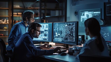 Electronics Development Engineer Working on Computer, Talks with Project Manager, Another Specialist Joins Discussion.