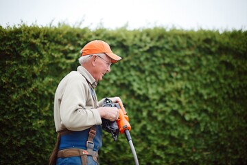 professional trimming hedges with electric clippers outdoors