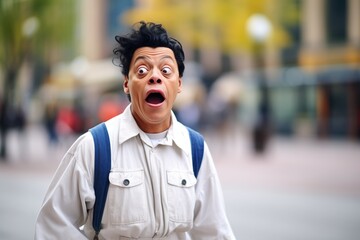 mime with exaggerated surprised expression in public square
