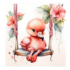 a cute pink baby flamingo sitting on a swing with pink flowers