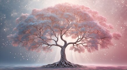 In a dreamlike, otherworldly composition, an ethereal fairylike binary tree entity takes center stage, captivating viewers with its enchanting presence. - obrazy, fototapety, plakaty