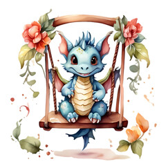 cute little baby dragon on a swing with flowers