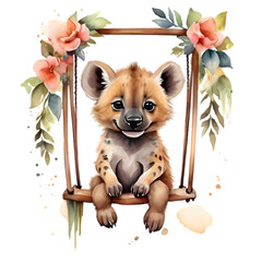 cute little baby hyena on a swing with flowers