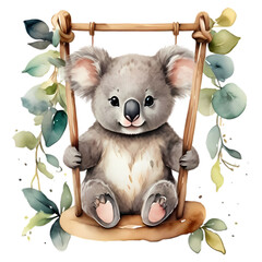 cute koala baby on a swing - obrazy, fototapety, plakaty