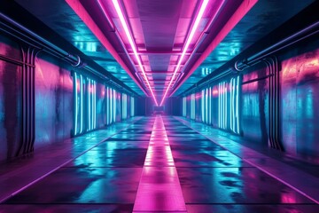 illustration of abstract background of futuristic corridor with purple and blue neon lights. Generative AI - obrazy, fototapety, plakaty