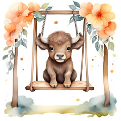 cute baby highlander cow on a swing with flowers