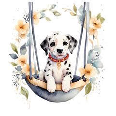 cute little damatier dog on a swing with flowers