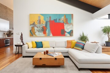 living room, sectional sofa offset by asymmetrical art wall