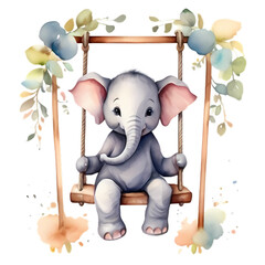 cute little baby elephant on a swing with flowers