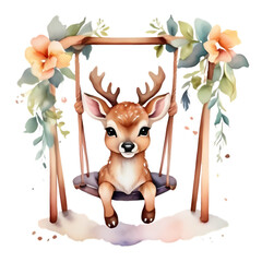 cute little baby reindeer, on a swing with flowers
